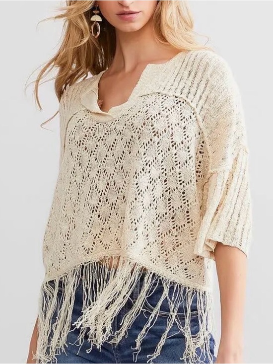 Miss Me Sweaters - Miss Me Women's Acrylic Crochet Fringe Cropped Sweater